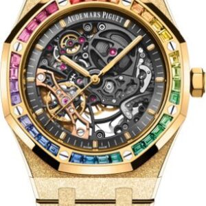 Audemars Piguet Royal Oak 41mm Frosted Gold Double Balance Wheel Openworked Yellow Gold Rainbow Gem-set Bezel | 15412BA.YG.1224BA.01-B