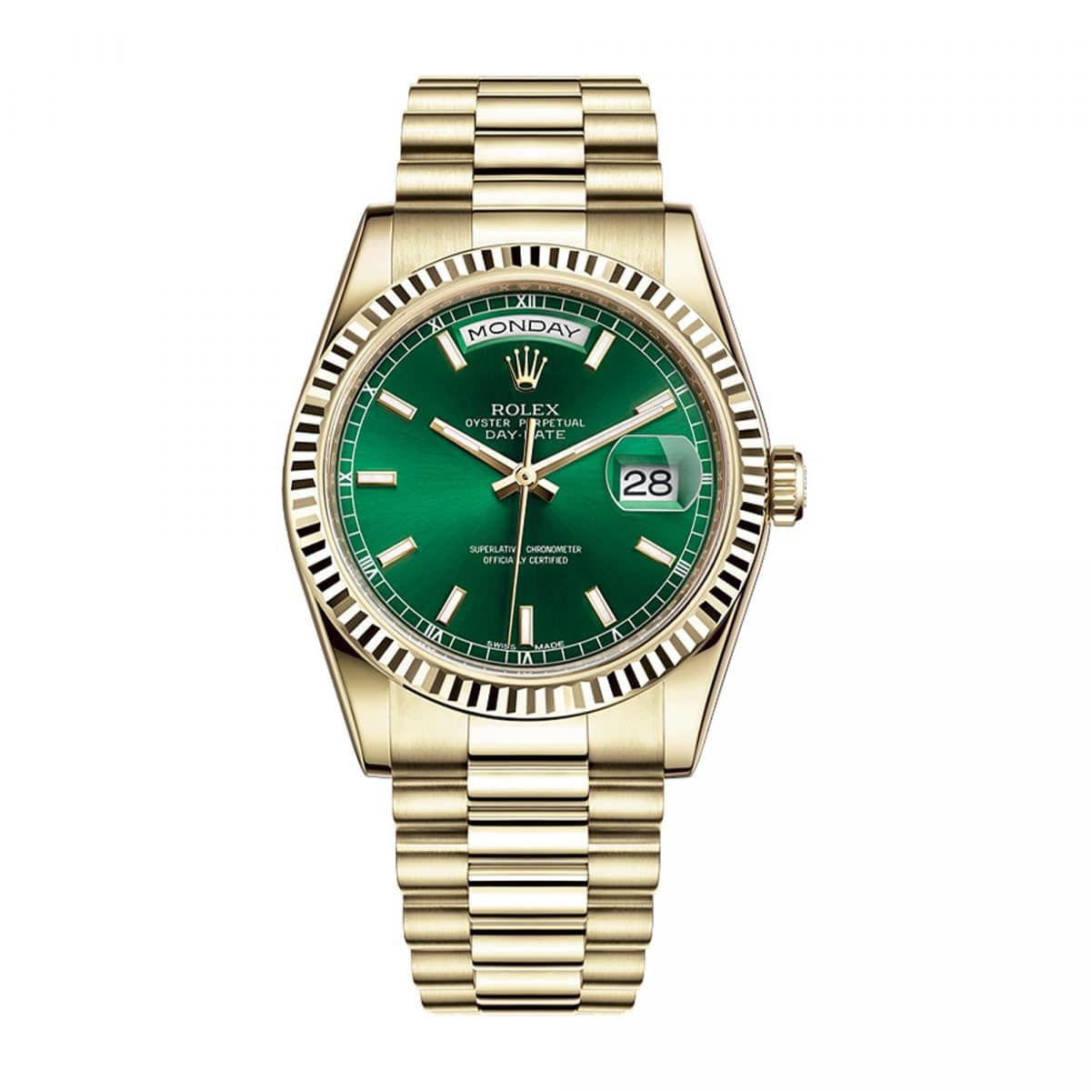Rolex 118238 Day-Date Green Dial Fluted Bezel Yellow Gold...