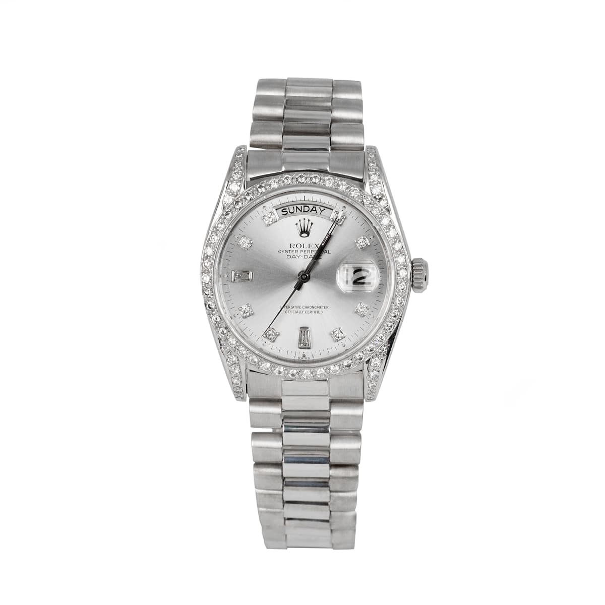 Rolex 18049 Day-Date 36mm Aftermarket Silver Diamond Dial, Lugs...