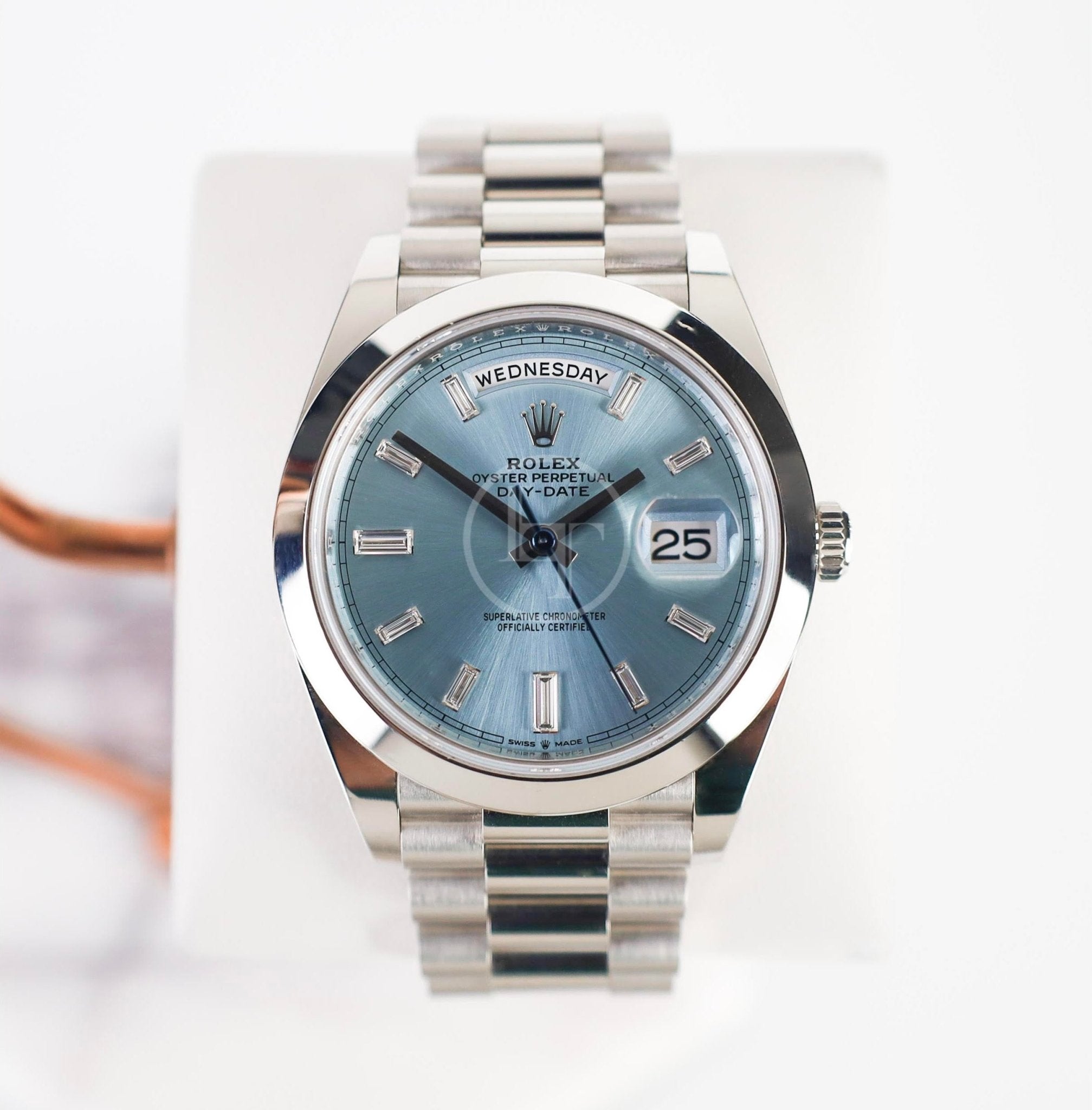 Rolex 950 Platinum Day-Date 40 Watch - Smooth Bezel - Ice Blue Baguette Diamond Dial - President Bracelet - 228206 ibbdp