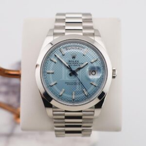 Rolex 950 Platinum Day-Date 40 Watch - Smooth Bezel - Ice Blue Diagonal Motif Index Dial - President Bracelet - 228206 ibdmip