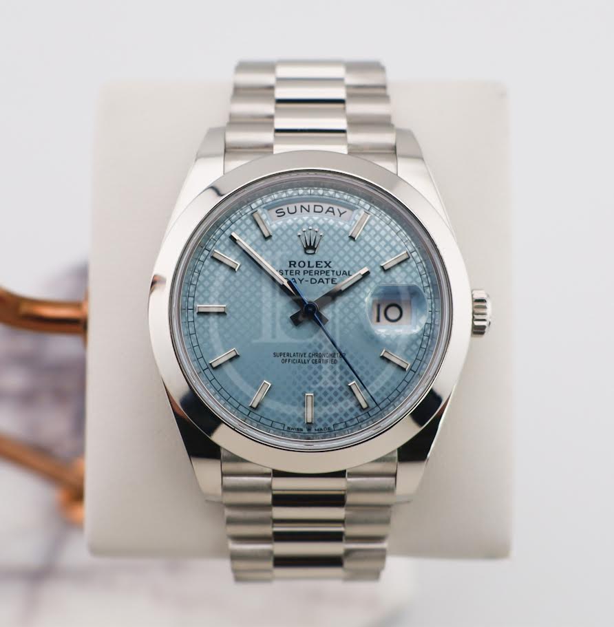 Rolex 950 Platinum Day-Date 40 Watch - Smooth Bezel - Ice Blue Diagonal Motif Index Dial - President Bracelet - 228206 ibdmip