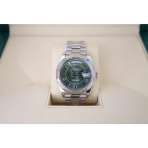 Rolex 950 Platinum Day-Date 40 Watch - Smooth Bezel - Olive Green Bevelled Roman Dial - President Bracelet - 228206 ogrp