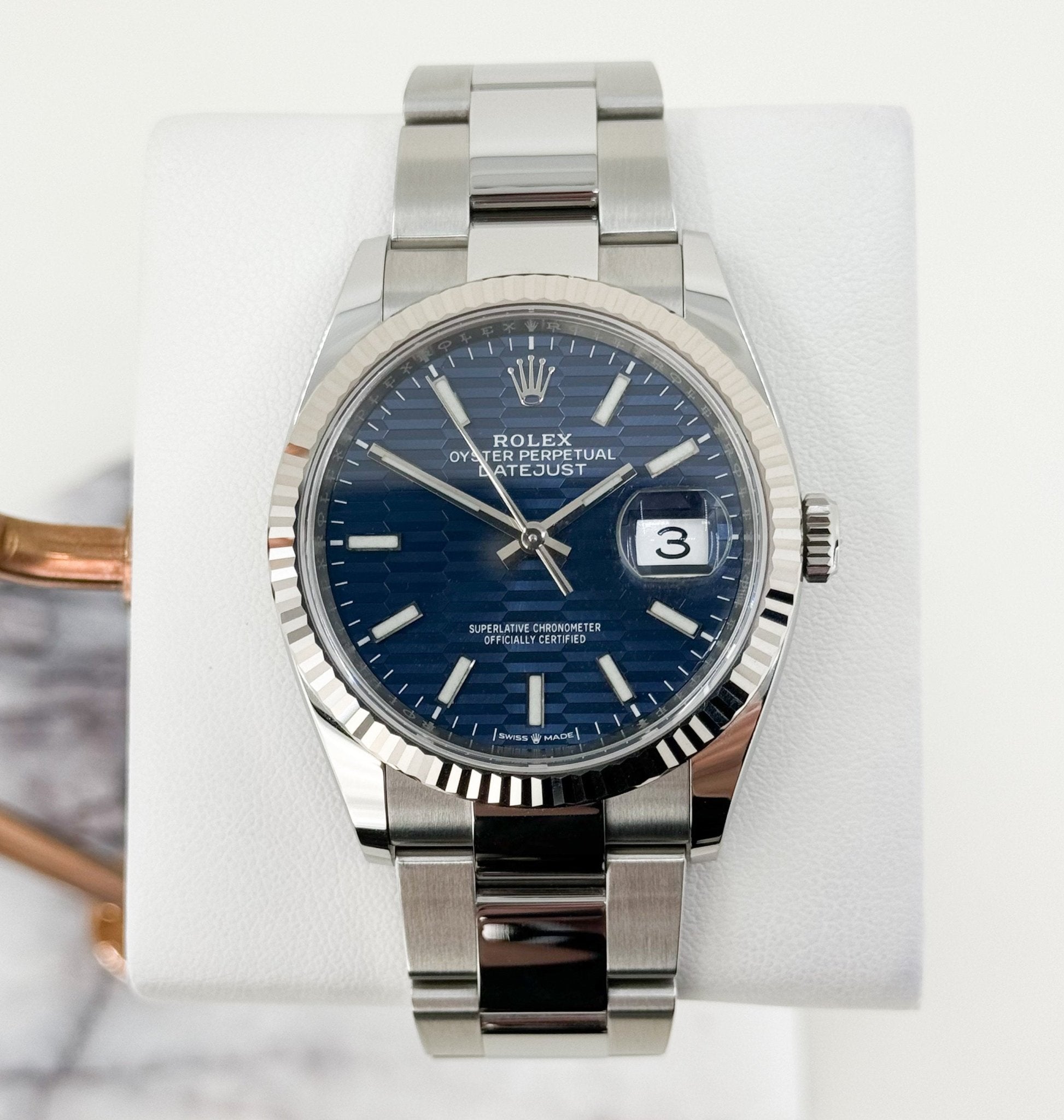Rolex Datejust 36 White Gold/Steel Blue Motif Index Dial & Fluted Bezel Oyster Bracelet 126234
