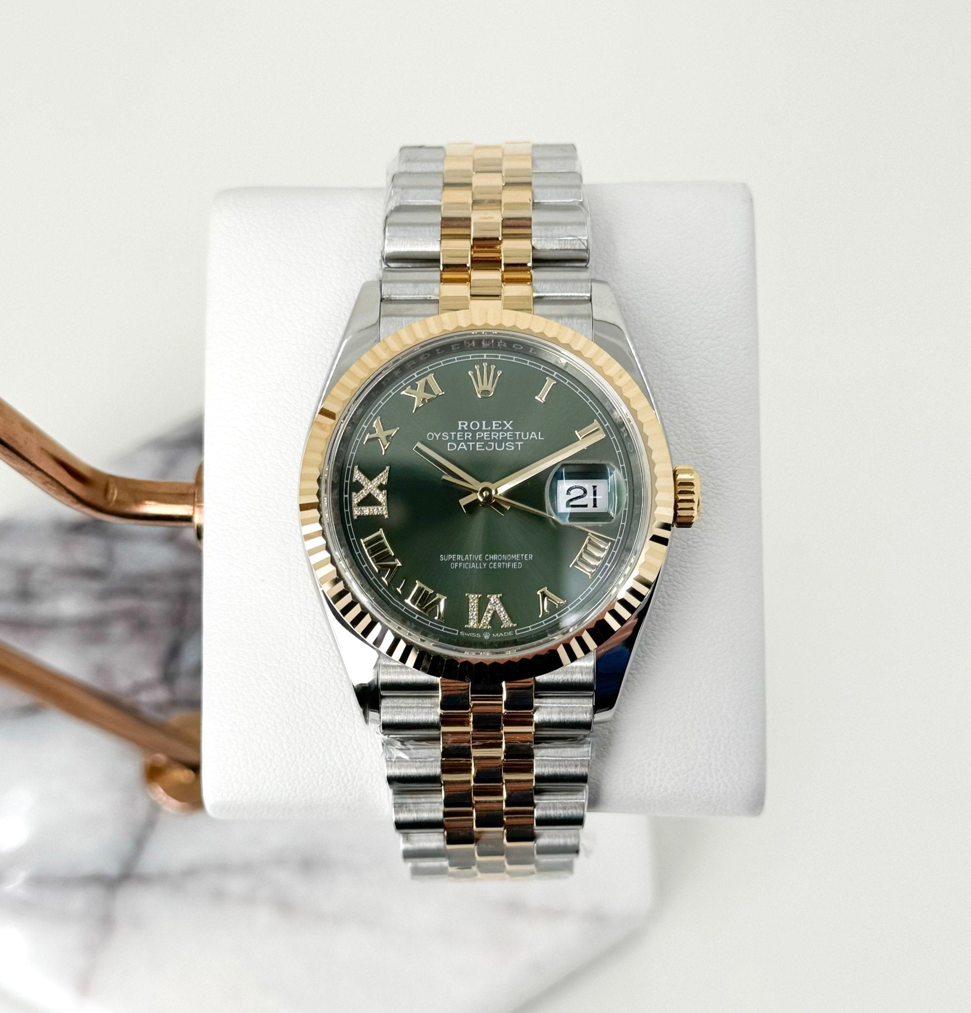 Rolex Datejust 36 Yellow Gold/Steel Olive Green Roman Diamond VI Dial & Fluted Bezel Jubilee Bracelet 126233