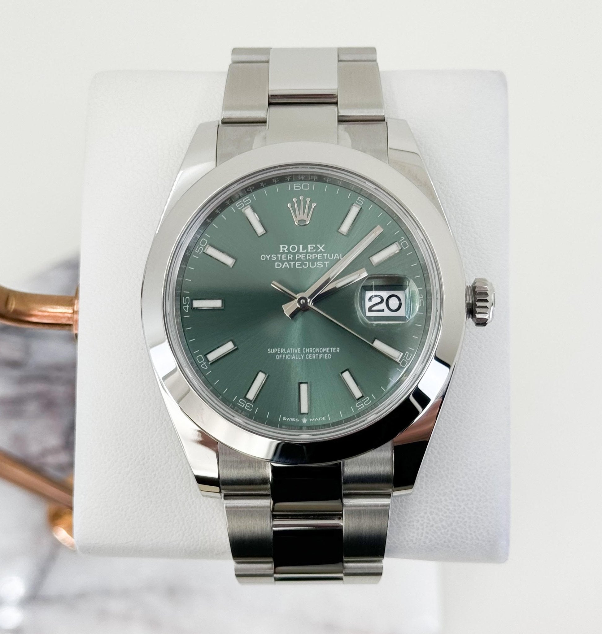 Rolex Datejust 41 Stainless Steel Mint Green Index Dial Smooth Bezel Oyster Bracelet 126300