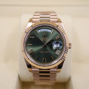 Rolex Day-Date 40 Rose Gold Olive Green Roman Dial & Fluted Bezel President Bracelet 228235 -