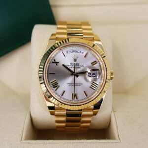 Rolex Day-Date 40 Yellow Gold Silver Roman Dial & Fluted Bezel President Bracelet 228238 -