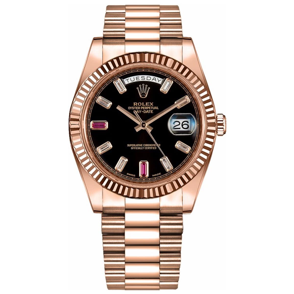 Rolex Day Date 41 218235 Rose Gold Black Ruby Baguette Dial –...