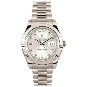 Rolex Day-Date II 218239 41mm Silver Diamond Fluted Bezel White...
