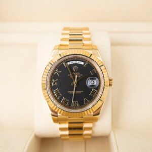 Rolex Day-Date II Yellow Gold 41mm Black Roman Fluted President Bracelet 218238