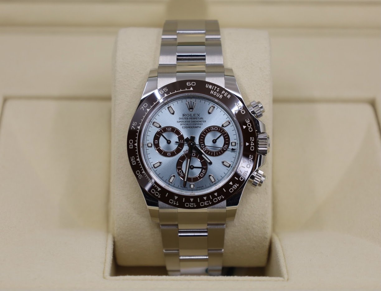 Rolex Daytona Platinum Ice Blue Index Dial Chestnut Brown Ceramic Bezel Oyster Bracelet 116506
