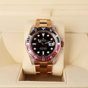 Rolex Everose GMT-Master II 40 Watch - Diamond Lugs - Diamond Sapphire Emerald Bezel - Black Dial - Oyster Bracelet - 126755SARU bk