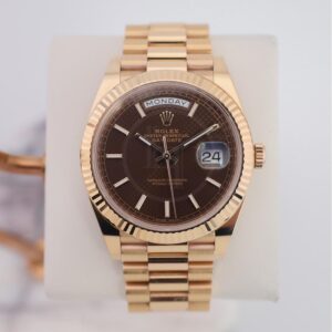 Rolex Everose Gold Day-Date 40 Watch - Fluted Bezel - Chocolate Diagonal Motif Index Dial - President Bracelet - 228235 chodmip