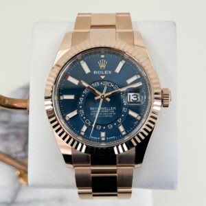 Rolex Everose Gold Sky-Dweller Watch - Fluted Ring Command Bezel - Blue-Green Index Dial - Oyster Bracelet