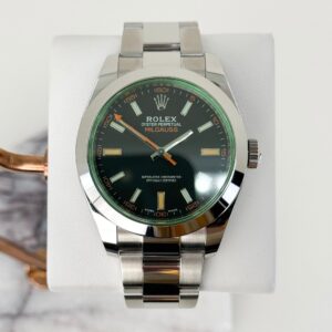 Rolex Milgauss Green Crystal Stainless Steel Black Dial Smooth Bezel Oyster Bracelet 116400GV