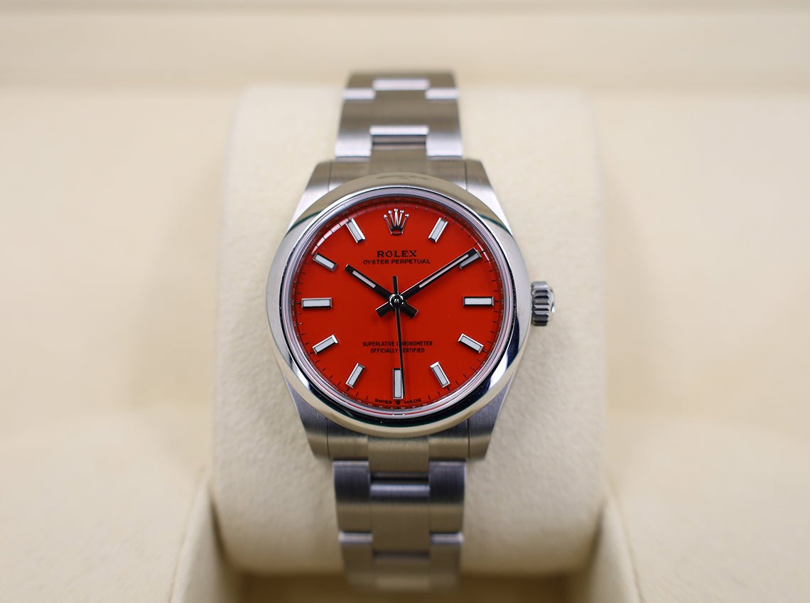 Rolex Oyster Perpetual 31 Watch - Domed Bezel - Coral Red Index Dial - Oyster Bracelet - 2020 Release - 277200 reio