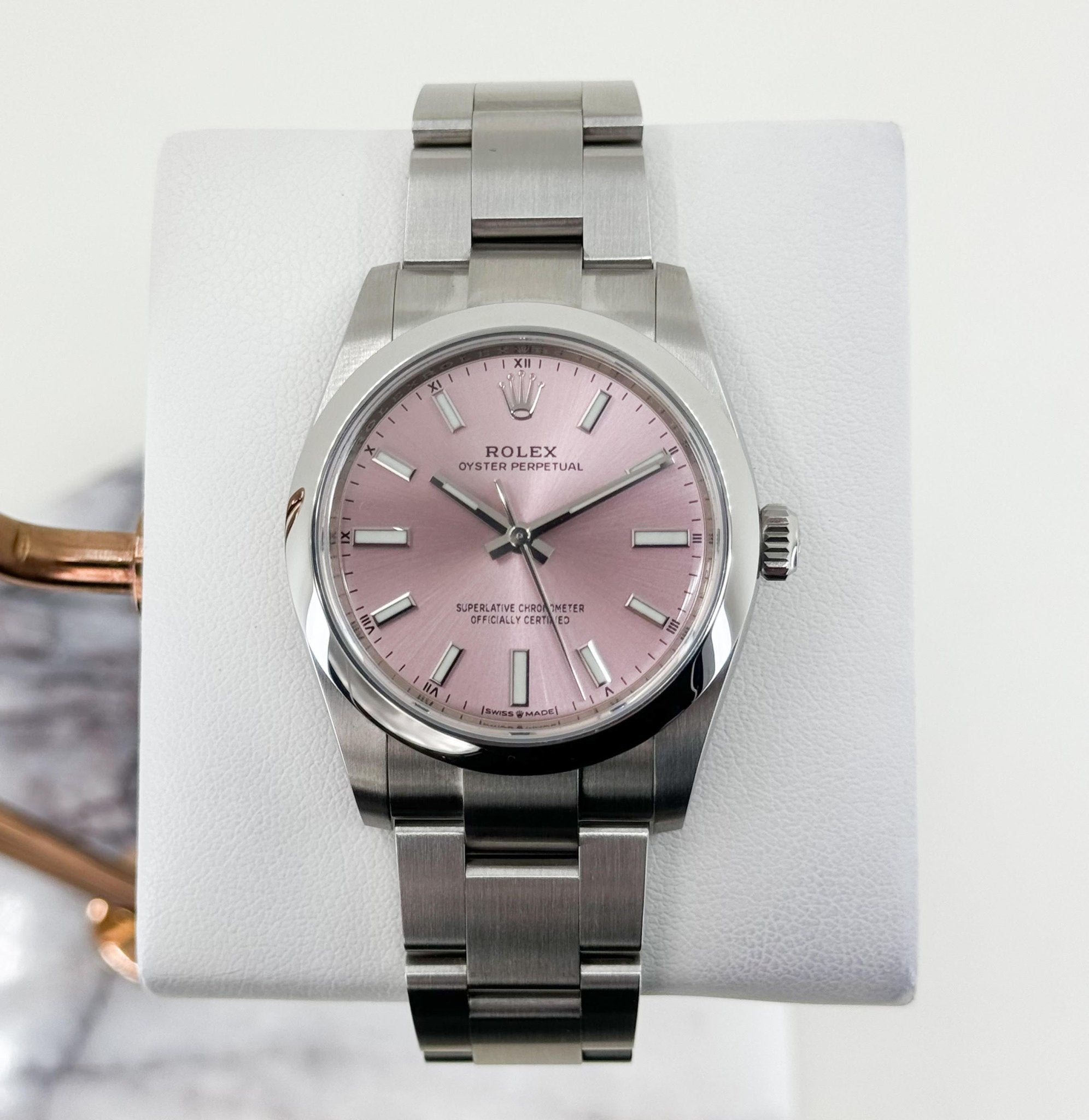 Rolex Oyster Perpetual 34 Watch - Domed Bezel - Pink Index Dial - Oyster Bracelet - 2020 Release - 124200 pio